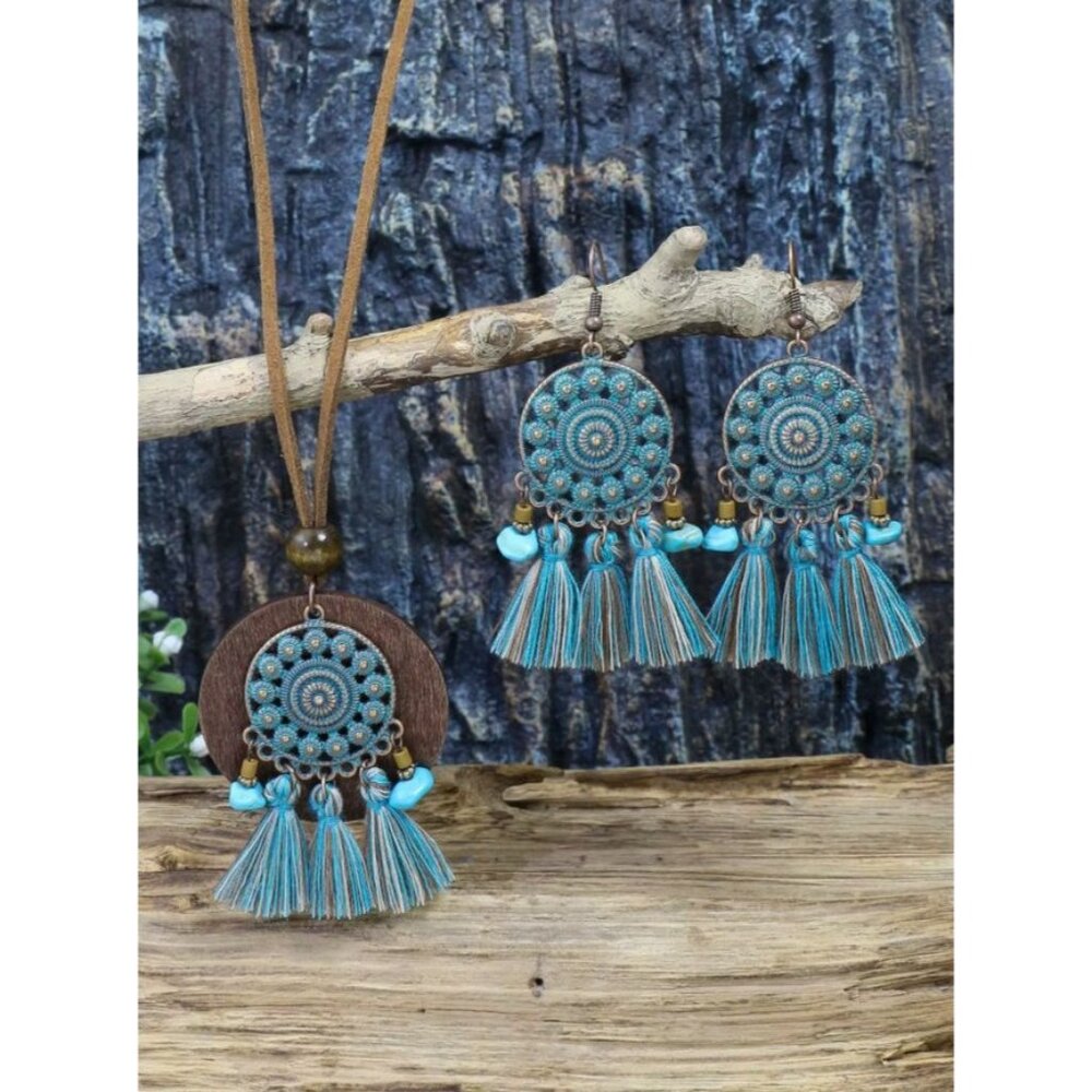 2/$12 Boho Dreamcatcher Jewelry Set Embroidered Tassel Earrings & Wooden Pendant